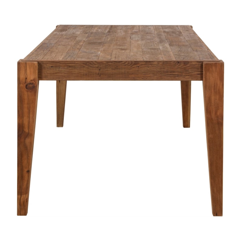 May include: A rectangular wooden dining table with a brown finish and four legs. The table top has a rustic, reclaimed wood look.