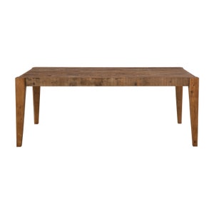May include: A rustic wooden dining table with a rectangular top and four legs. The table is made of reclaimed wood and has a natural finish.