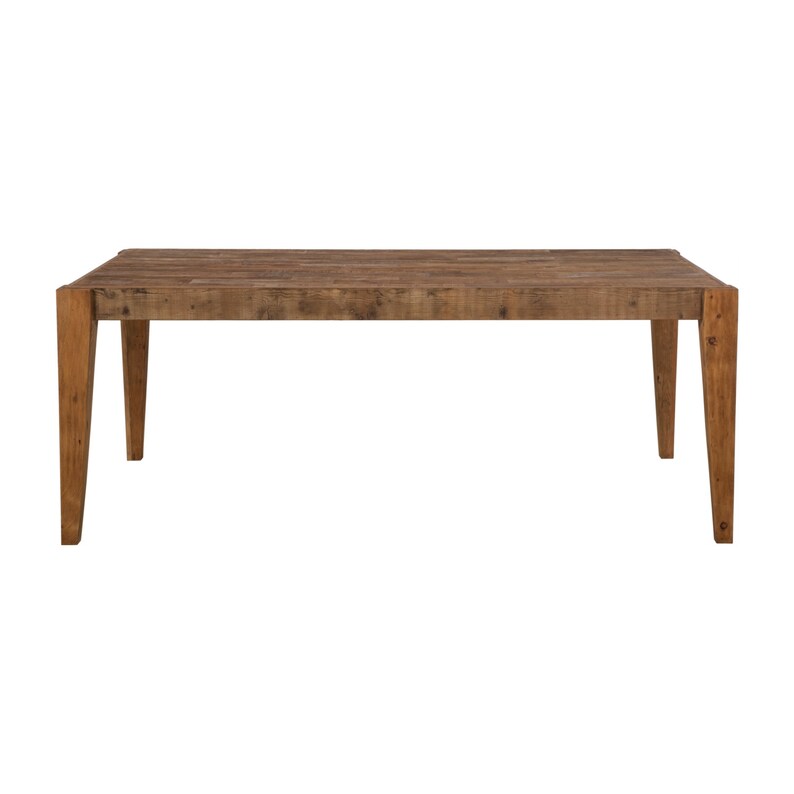 May include: A rustic wooden dining table with a rectangular top and four legs. The table is made of reclaimed wood and has a natural finish.