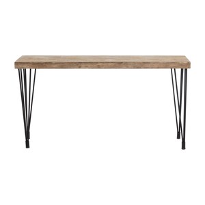 May include: A long, rectangular wooden table with a natural wood finish and black metal hairpin legs.