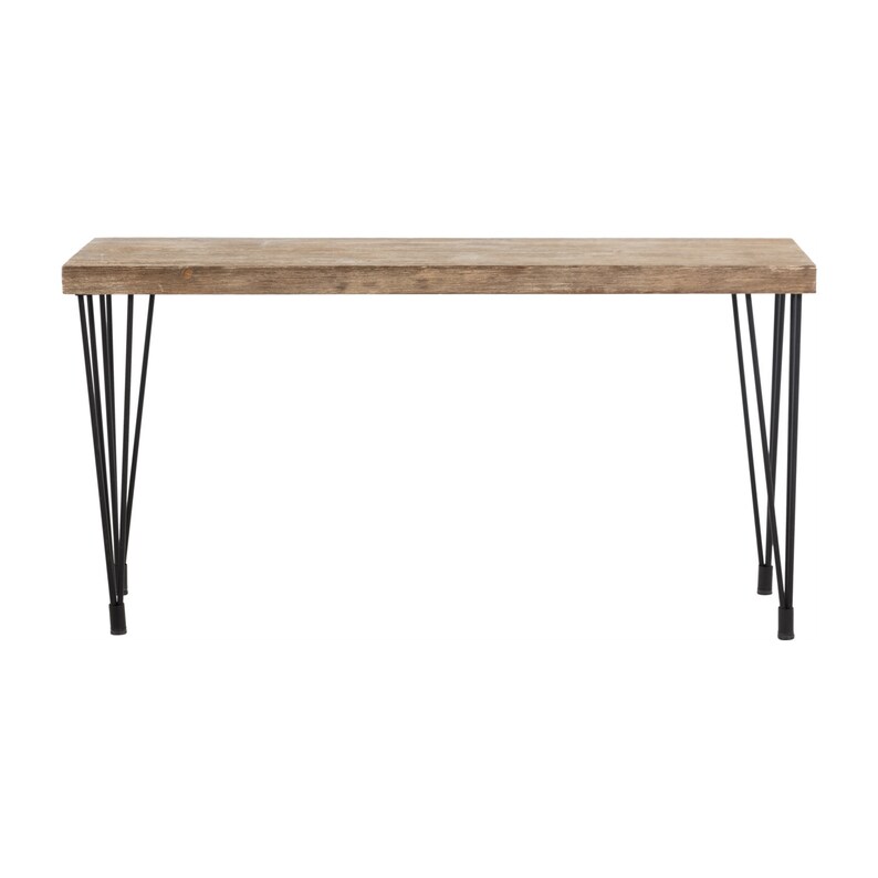 May include: A long, rectangular wooden table with a natural wood finish and black metal hairpin legs.