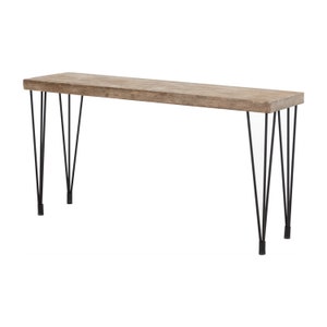 May include: A long, rectangular wooden console table with a natural wood finish. The table has four black hairpin legs.