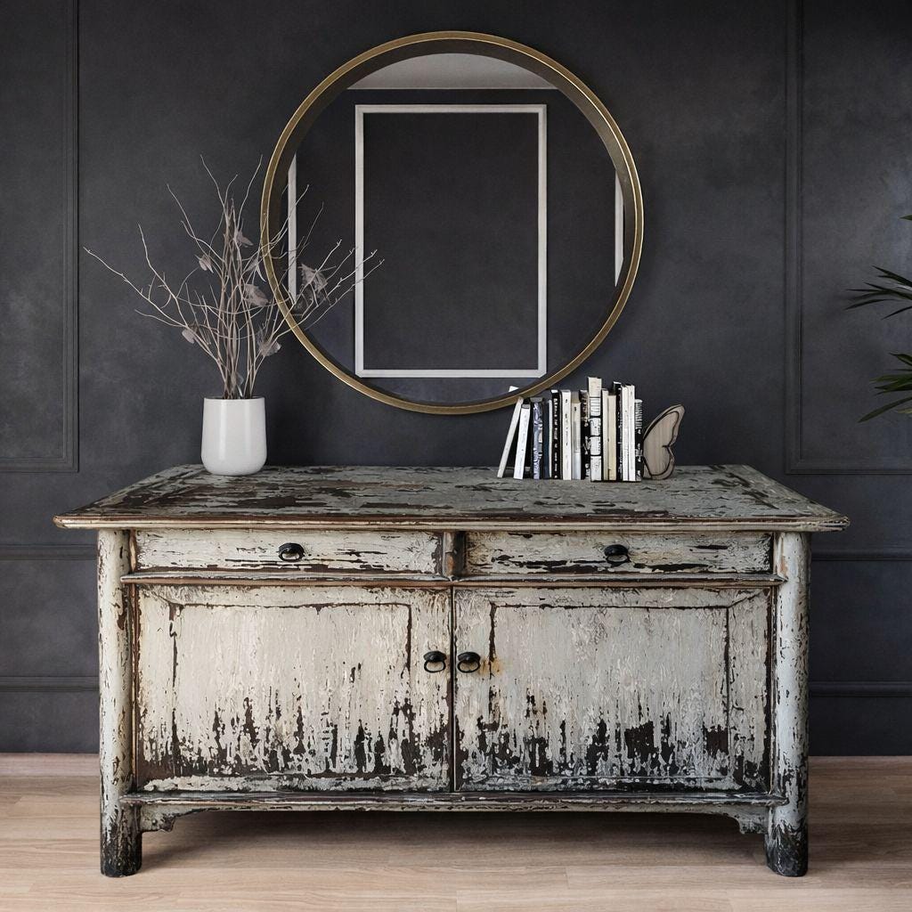 Rustic Whitewashed Wood Dresser - Distressed Farmhouse Sideboard - Vintage Wooden Buffet Cabinet