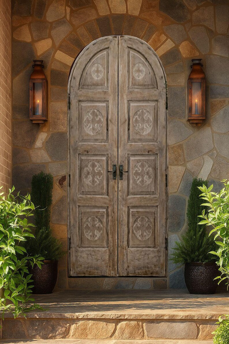 Arched Rustic Double Wooden Door | Custom Size Carved Antique Style ...