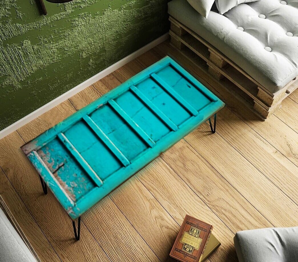 Custom Painted Solid Wood Coffee Table, Rustic Natural Center Table