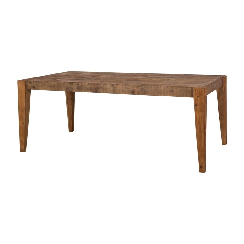 May include: A rustic wooden dining table with a rectangular top and four angled legs. The table is made of reclaimed wood and has a natural brown finish.