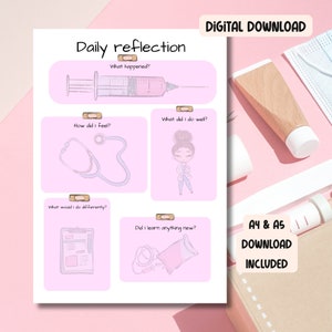 Puede incluir: Diario de reflexión diario imprimible con un fondo rosa e ilustraciones de suministros médicos. El diario incluye indicaciones como "¿Qué pasó?", "¿Cómo me sentí?", "¿Qué hice bien?", "¿Qué haría diferente?" y "¿Aprendí algo nuevo?"