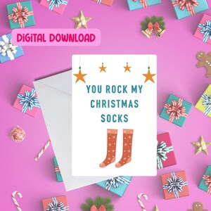 ¡Tarjeta digital "You Rock My Christmas Socks"!, divertida descarga digital navideña, tarjeta navideña imprimible, tarjeta de felicitación imprimible