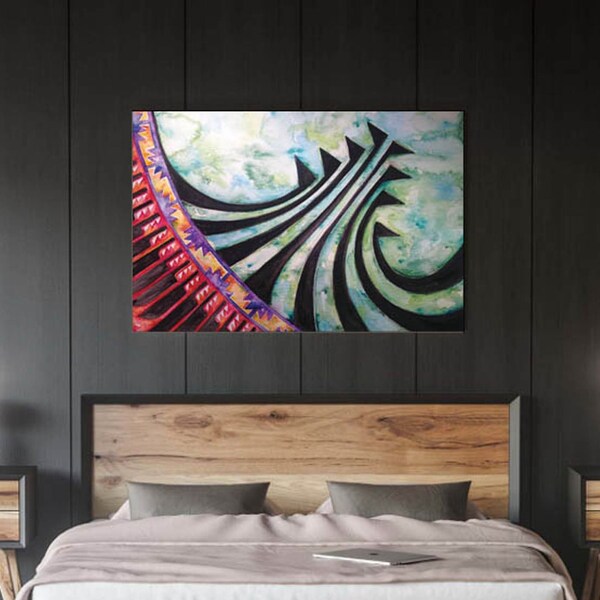 Loren Lavine Hoopa Yurok Acuarela Nativo Americano Indio Cestería Arte de pared Boho Modern Home Decor Indígena Tewa Rojo Verde Negro Acentos