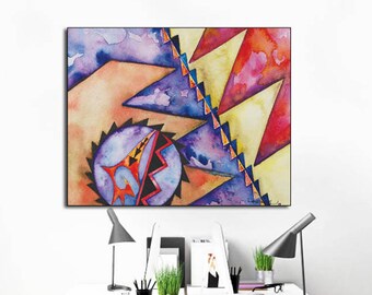 modern Native American basket art | tribal basket designs | purple and red abstract painting | Loren Lavine watercolor | bright office art