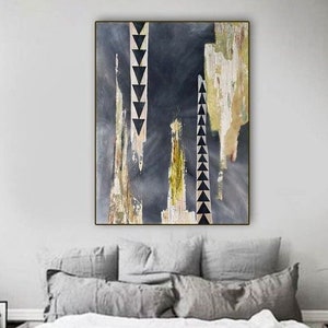 May include: Abstract painting with a black and white geometric pattern on a gray background. The painting has a textured look with hints of gold and white.
