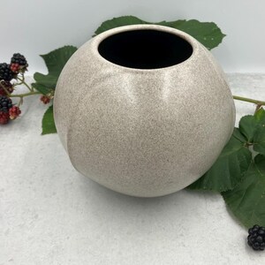 Può includere: Un vaso rotondo in ceramica di colore grigio chiaro macchiato con un interno nero. Il vaso è appoggiato su una superficie bianca con un rametto di more.