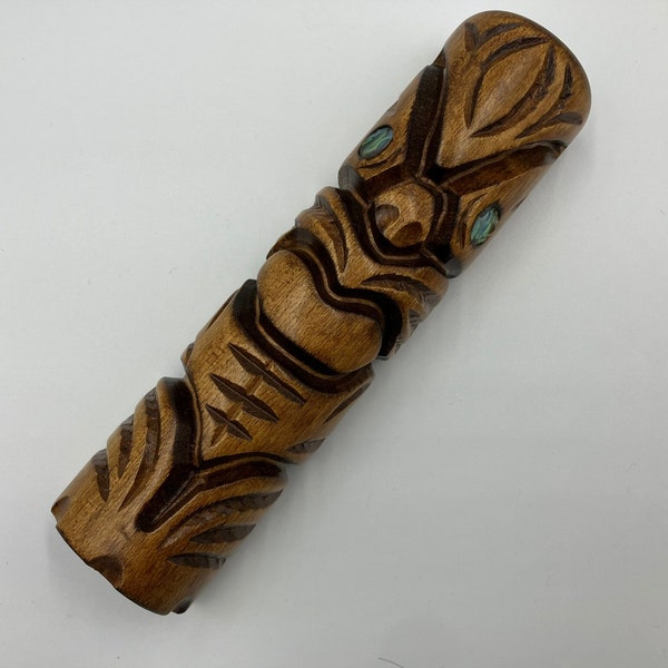 vintage Maori Tiki Figurine I Bois sculpté à la main avec incrustation d'ormeaux