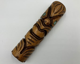 Vintage Maori Tiki Figurine I Handcarved Wood with Abalone Inlay