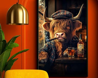Whisky et cigare Highland Cow, décoration murale de bar de pub écossais