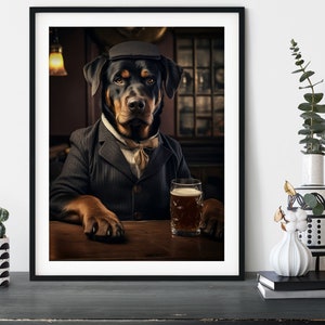 Rottweiler Dog in the Pub, Funny Dressed Dogs in the Boozer, Interior Gift Idea, Pet Owner, Wall Art Poster Print, Drinking Dogs