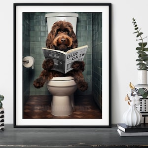 Brown Cockapoo on the Loo, Funny Toilet Humour Dog Print