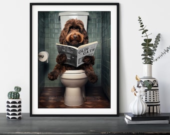 Cockapoo Bathroom Print: Dog Reading Magazine on Toilet