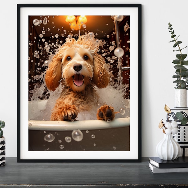 Cockapoo in the Bath, Funny Dog Bathroom Wall Art Print