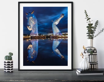The Kelpies Scottish Wall Art: Blue Hour Reflection Print of Falkirk Horse Sculptures