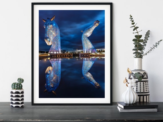 The Kelpies Scottish Wall Art: Blue Hour Reflection Print of Falkirk Horse Sculptures