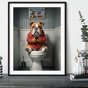 Funny British Bulldog on Toilet with Smartphone | Whimsical Bathroom Decor Wall Art
