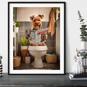 Yorkshire Terrier on the Toilet, Funny Yorkie Dog Reading Newspaper Bathroom Wall Art