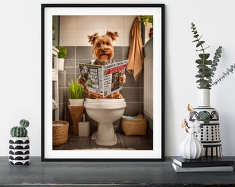 Yorkshire Terrier on the Toilet, Funny Yorkie Dog Reading Newspaper Bathroom Wall Art