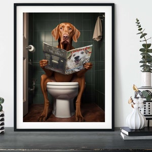Vizsla on the Toilet, Funny Dog Reading Magazine Bathroom Wall Art
