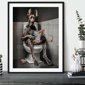 Great Dane on the Toilet, Funny Bathroom Humor Dog Wall Art Print