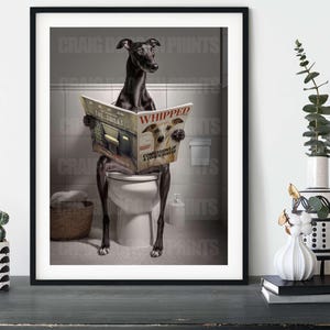 Funny Whippet Wall Art – Dog on Toilet Reading Whipped Magazine – Humorous Sighthound Print – Black Whippet Bathroom Decor