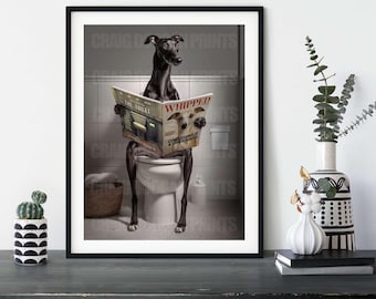 Black Whippet Print : Dog on Toilet Reading Magazine - Funny Bathroom Art