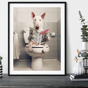 Bull Terrier on the Toilet, Funny Dog Reading Newspaper Bathroom Wall Art