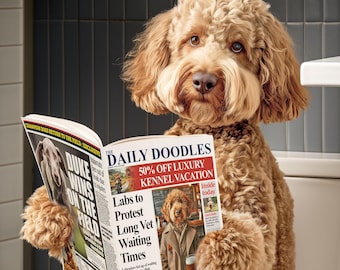 Funny Labradoodle on Toilet Print, Quirky Dog Bathroom Wall Art, Humorous Pet Decor