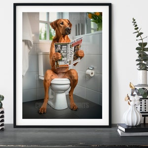 Rhodesian Ridgeback Dog on the Toilet, Funny Bathroom Wall Art