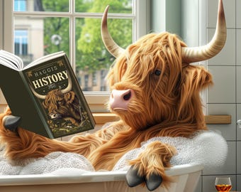 Funny Highland Cow in Bubble Bath Print, Quirky Bathroom Wall Art, Rustic Farmhouse Decor