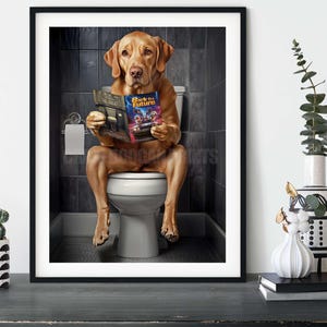 Fox Red Labrador on the Toilet, Funny Lab Bathroom Humour Wall Art Print