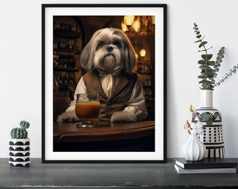 Shih Tzu Dog in the Pub, Funny Dressed Dogs in the Boozer, Interior Gift Idea, Pet Owner, Wall Art Poster Print, Drinking Dogs