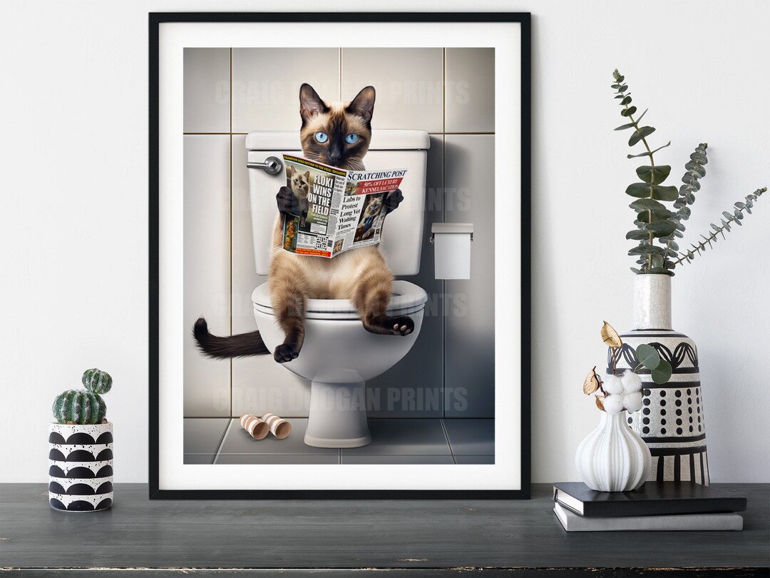 Siamese Cat on the Toilet Reading Newspaper - Funny Bathroom Wall Art ...