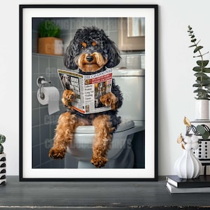 Cavapoo on the Toilet, Funny Pet Dog Bathroom Wall Art Black & Tan