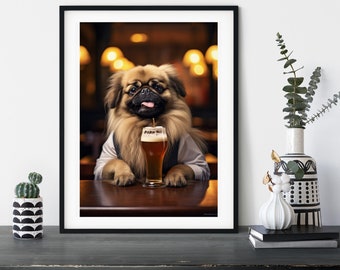 Pekingese Dog in the Pub, Funny Personalised Dressed Dogs in the Boozer, Interior Gift Idea, Pet Owner, Wall Art Poster Print, Drinking