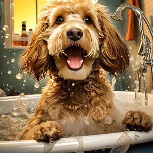 Cockapoo in the Bath Tub Funny Bathroom Wall Art Print Restroom Humor Humour Poster Parody