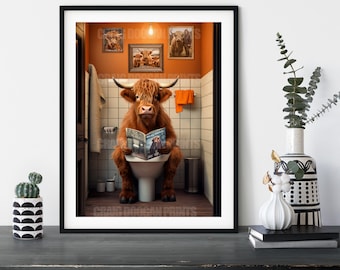 May include: A brown Highland cow sits on a white toilet in a bathroom, reading a magazine titled "The Cow's Weekly". The bathroom has orange walls and a small window with a view of other cows.
