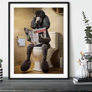 Black Poodle on the Toilet, Funny Bathroom Dog Print
