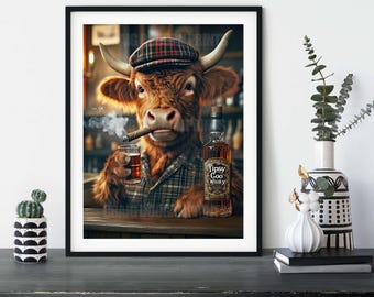 Peut inclure: Une vache brune et blanche portant un chapeau à carreaux et une chemise à carreaux tient un verre de whisky et un cigare. La vache est assise à un bar avec une bouteille de "Tipsy Goo Whisky" devant elle.