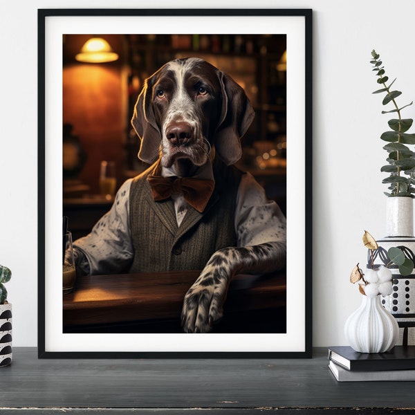 Chien d'arrêt allemand dans un pub, chiens habillés rigolos dans la salle à manger, idée cadeau d'intérieur, propriétaire d'animal de compagnie, impression d'affiche d'art mural, boire de la bière