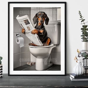 Dachshund on the Toilet, Funny Sausage Dog Bathroom Wall Art