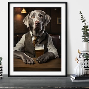 May include: A gray Weimaraner dog wearing a brown vest and a tie, sitting at a table with a glass of beer in front of him.
