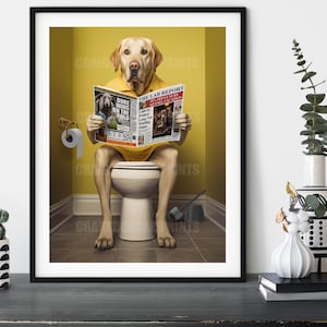 Golden Lab on the Toilet, Funny Labrador Bathroom Print