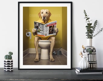Funny Yellow Lab Bathroom Print: Labrador Retriever Reading on Toilet